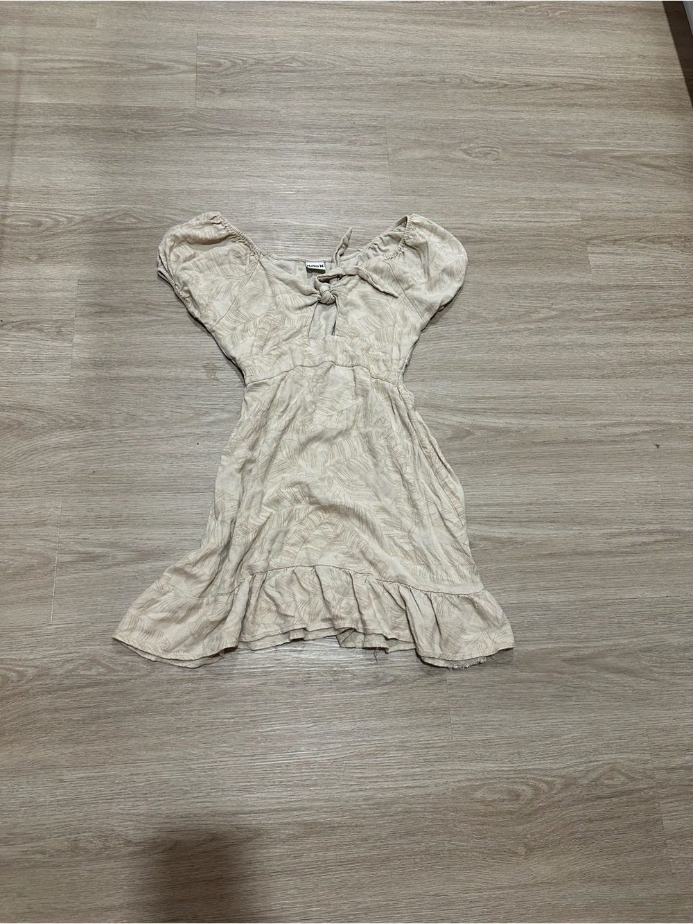 Hurley Beige Puff Sleeve Tie-Front Mini Dress